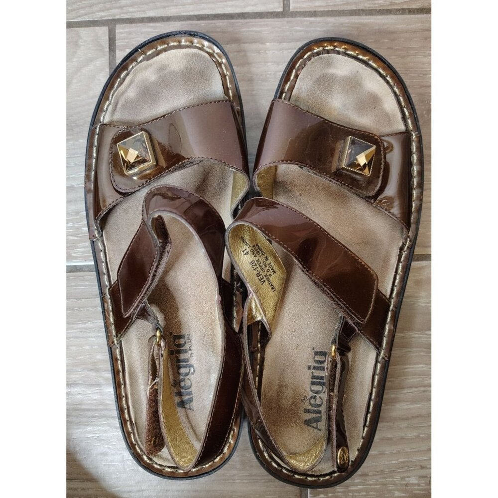 Alegria Verona Bronze Patent Leather Sandals, 41, 9.5/10 Hook & Loop Rhinestone